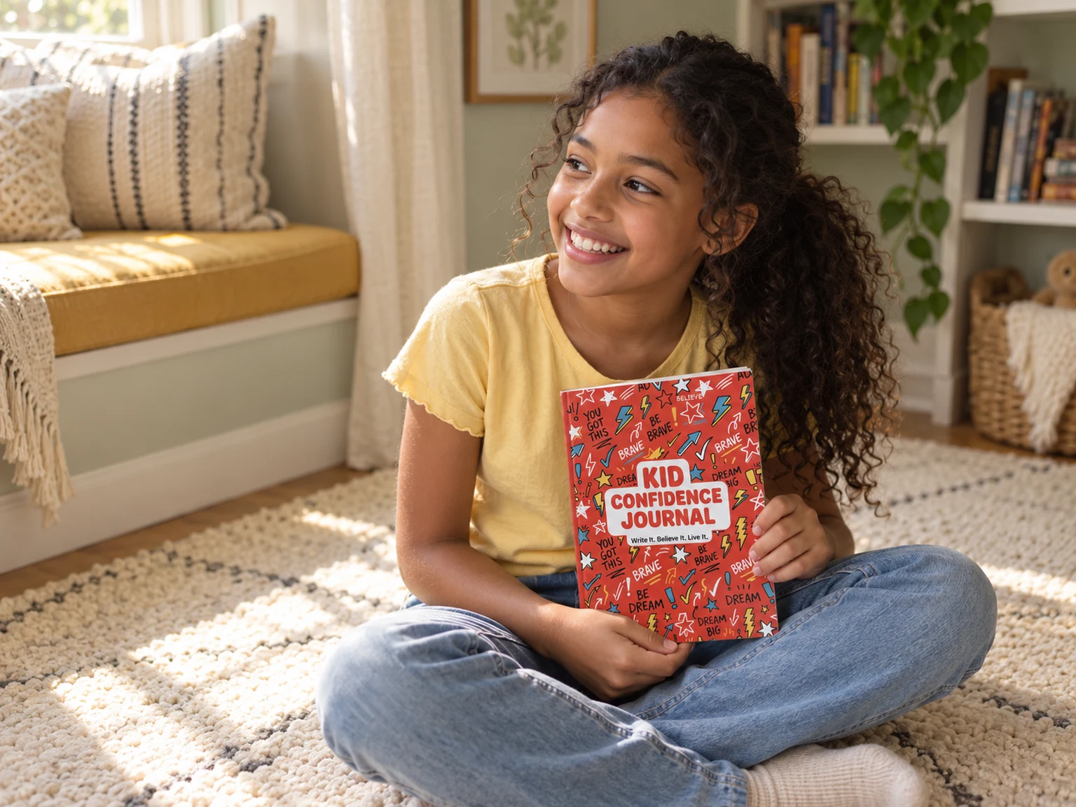 A smiling girl sitting on a rug holding the Kid Confidence Journal