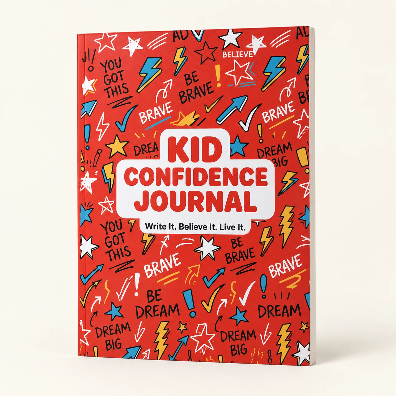 Coral Kid Confidence Journal with teal, yellow, and white confidence doodles