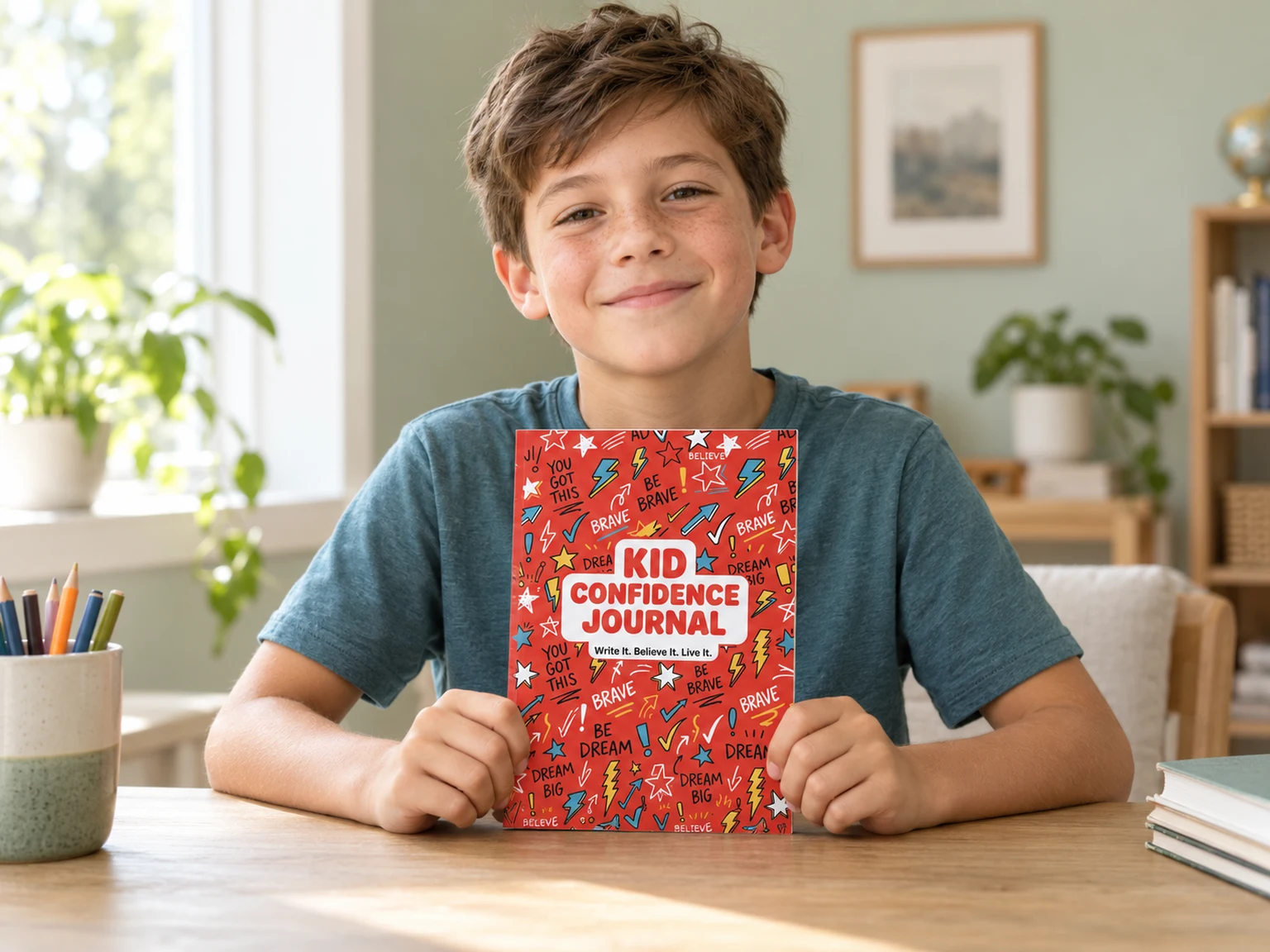 A smiling boy holding the Kid Confidence Journal at a sunny table