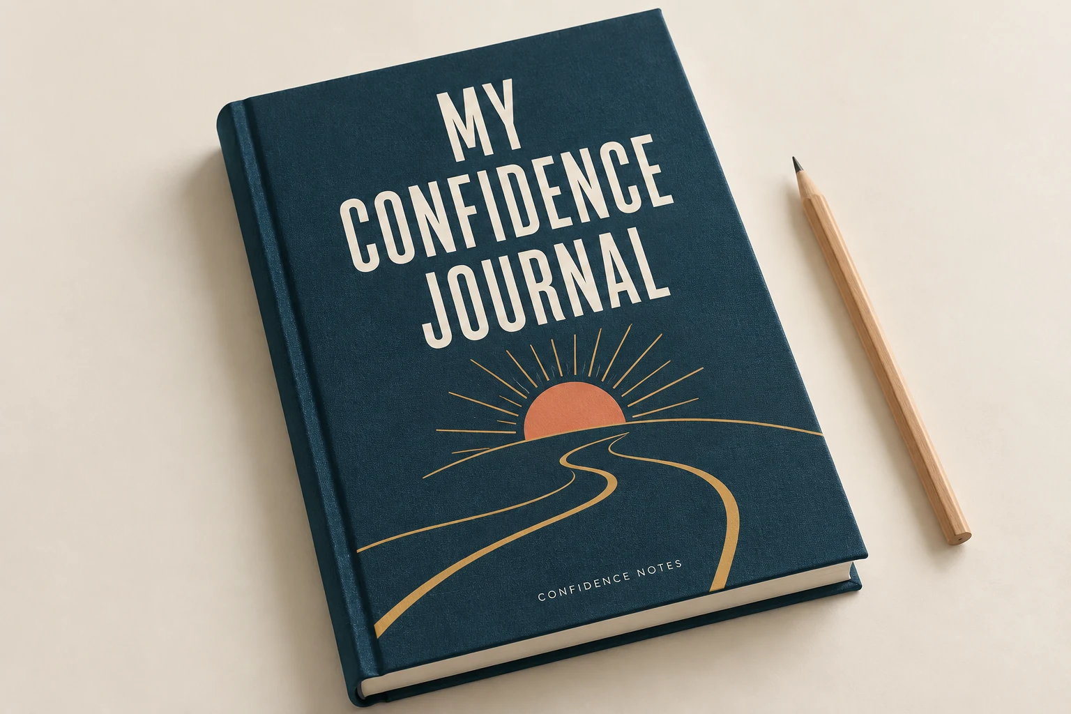 Concept cover for My Confidence Journal: deep teal with an ivory title, a coral sun, and a gold winding path